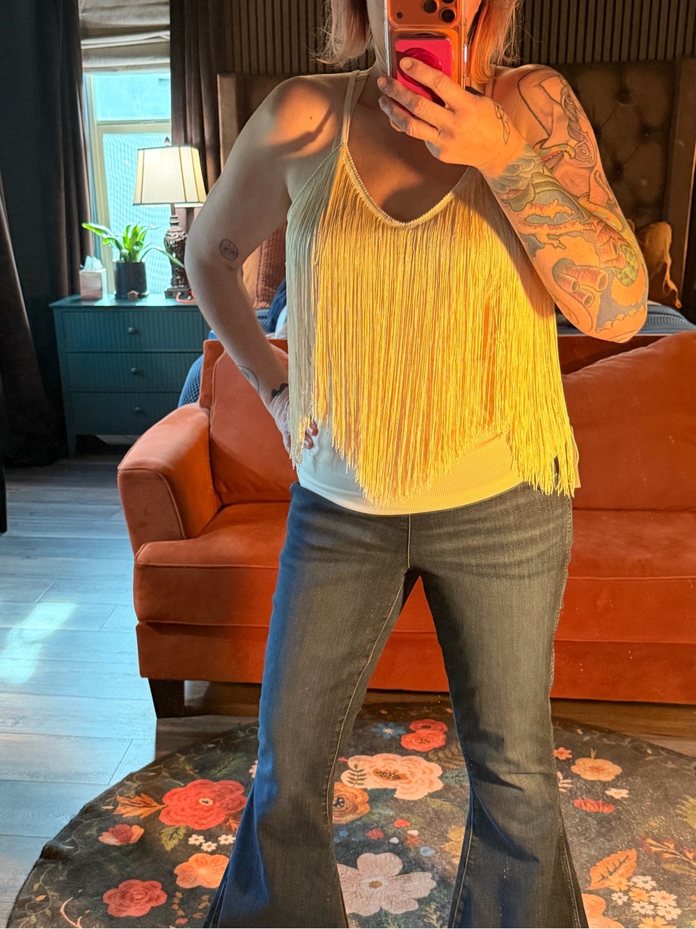 Fringe V-Neck Spaghetti Strap Crop Top - Cream - Picture 2 of 3